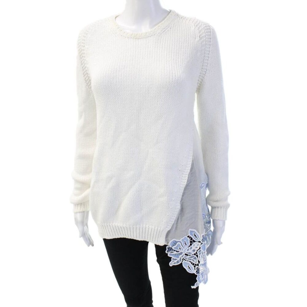 No21 Women Pullover White 100% Cotton Crew Neck Long Sleeve Floral Size S